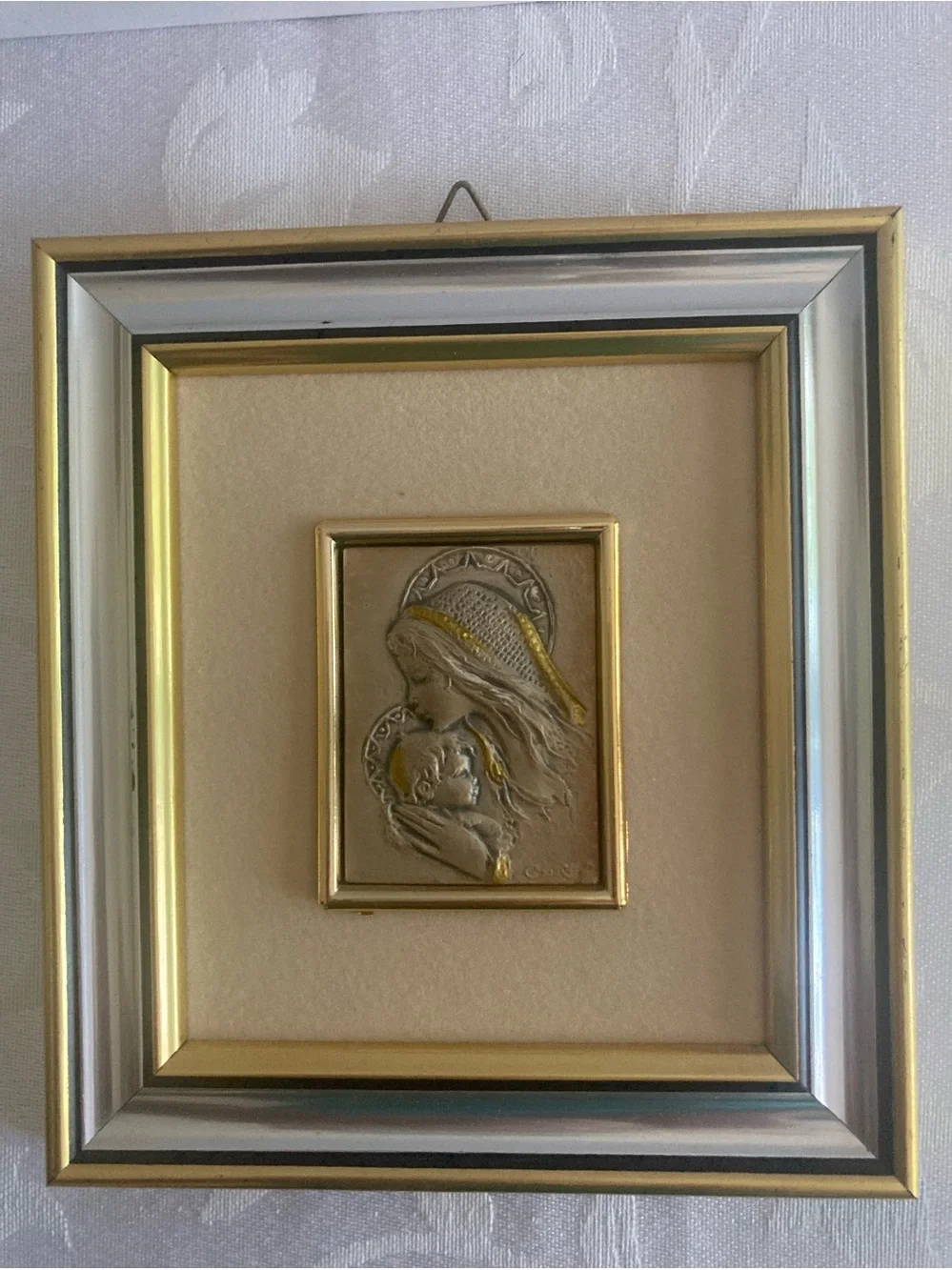 Sterling Silver Madonna and Child Set in a Wooden Frame Made in Italy